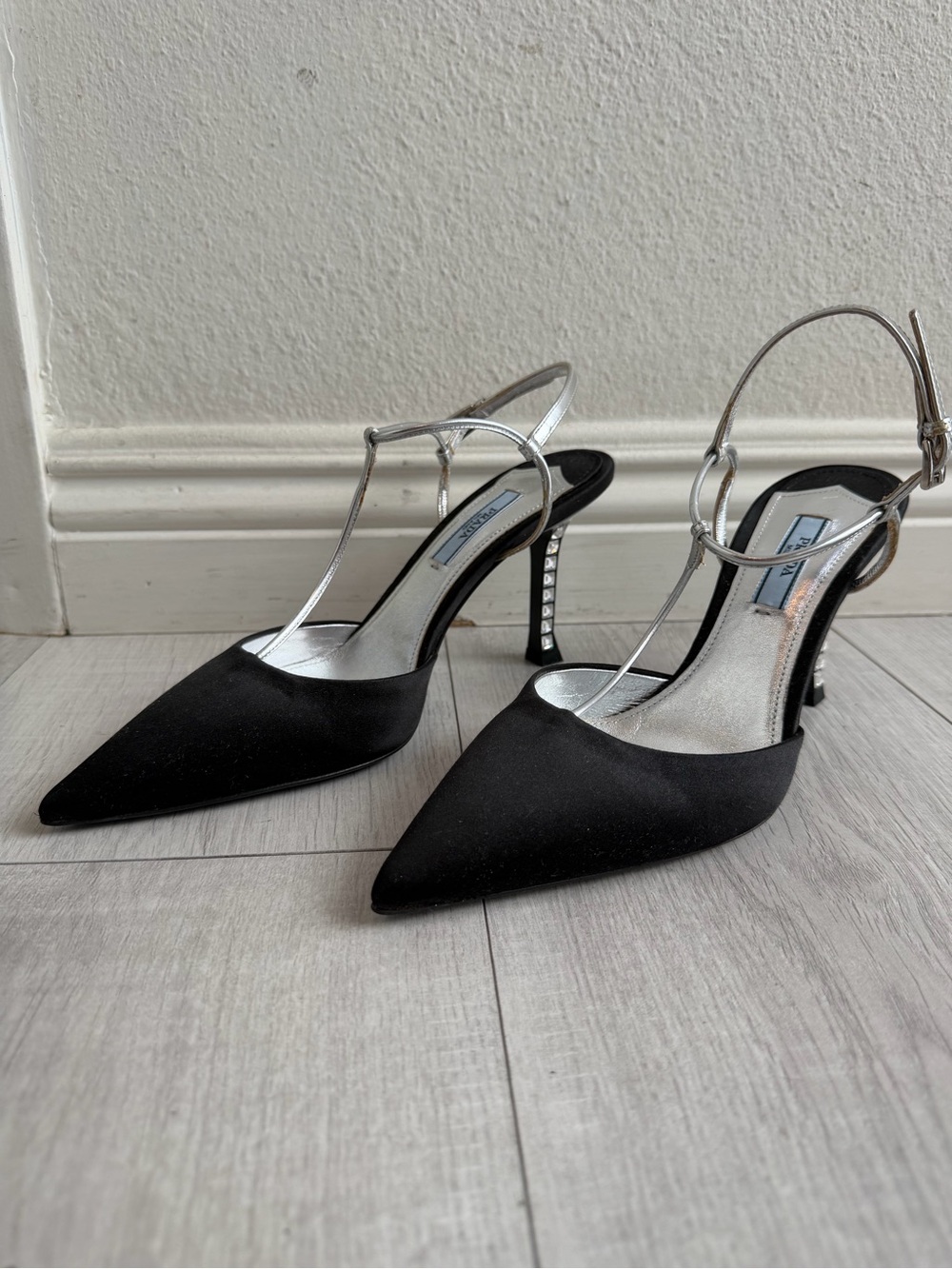 Prada Black Satin Pointed Slingback Heels with Silver Straps